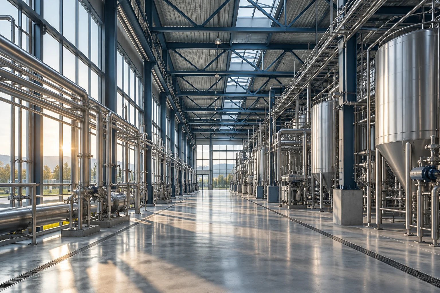 Architekturmotiv einer modernen Industriehalle mit Stahlträgern und Prozessanlagen